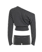 Women's Casual Striped Color Block One-Shoulder Long-Sleeve Top and Shorts Set