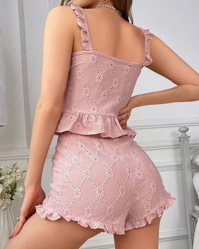V-neck Ruffled Sleeveless Top and Shorts Pajama Set