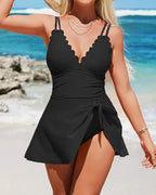 Women's Deep V-neck Tummy-control Tie-up Skirt Beach Vacation One-piece Swimsuit