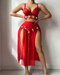 Tassel-decorated Deep V-neck Bra and High-slit Long Skirt Lingerie Set