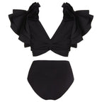 Ruffle Solid Black Bikini Swimsuit