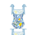 Lemon Print Tie-shoulder One Piece Swimsuit and Sarong