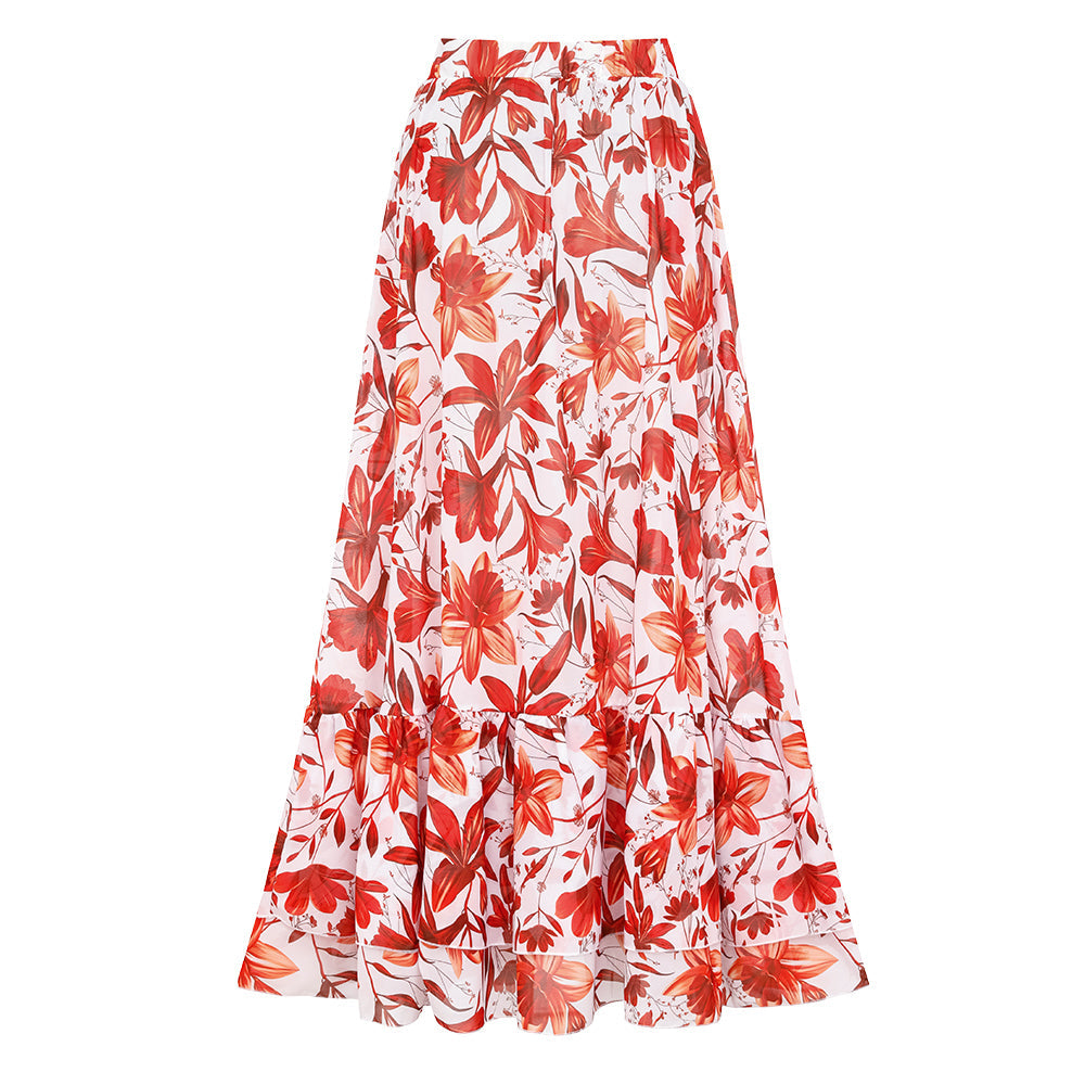 V Neck Lace Up Printed One Piece Swimsuit and Skirt