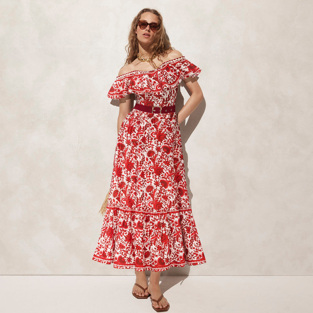 Bandeau Ruffled Red Flower Silhouette Print One Piece Swimsuit and Skirt