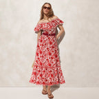 Bandeau Ruffled Red Flower Silhouette Print One Piece Swimsuit and Skirt
