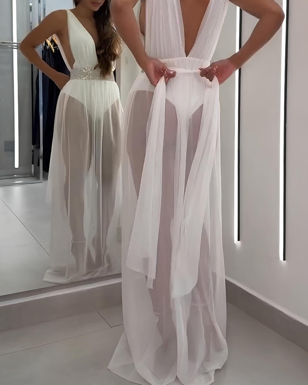 Sexy Deep V Sleeveless White Mesh Slit Long Beach Vacation Dress