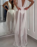 Sexy Deep V Sleeveless White Mesh Slit Long Beach Vacation Dress