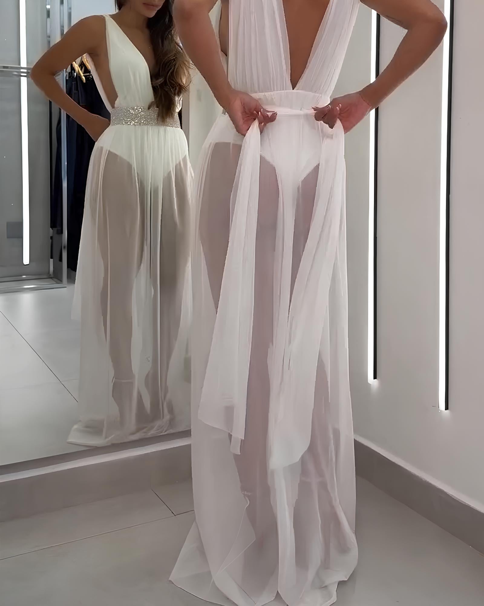 Sexy Deep V Sleeveless White Mesh Slit Long Beach Vacation Dress