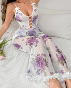 Sexy Floral Mesh See-through Ruffled Camisole and Trousers Pajama Set