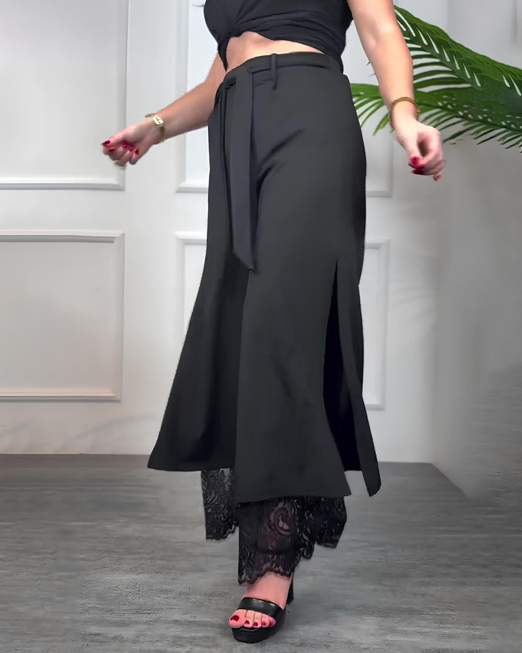 Casual Solid Color Side Slits Lace Trim Drawstring Waist Wide-leg Pants