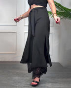 Casual Solid Color Side Slits Lace Trim Drawstring Waist Wide-leg Pants