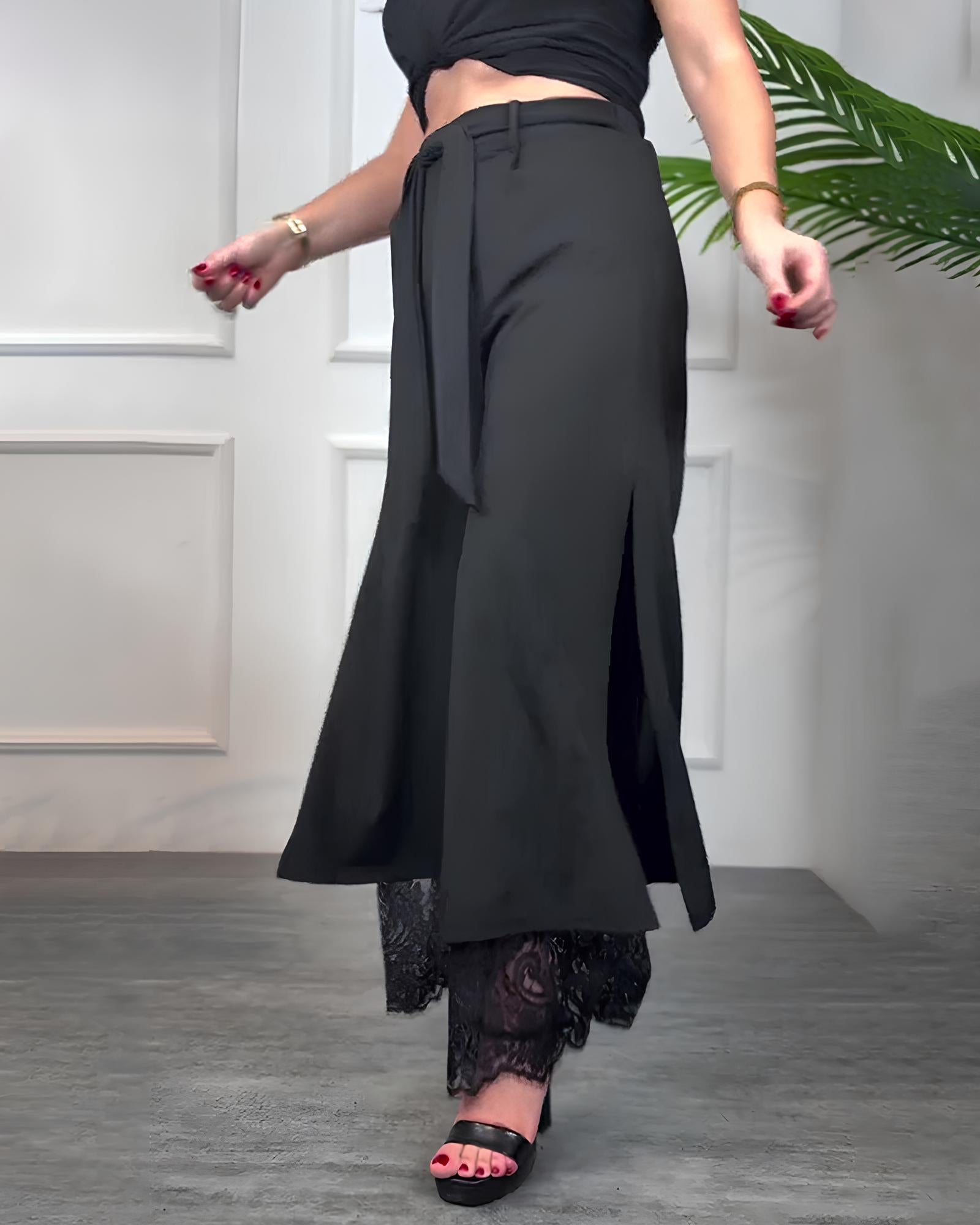Casual Solid Color Side Slits Lace Trim Drawstring Waist Wide-leg Pants