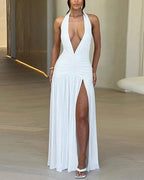 Deep V Neck Backless Ruched Split Thigh White Halter Vacation Dress