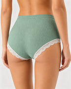 High Waisted Pure Cotton Ribbed Lace-trim Panties