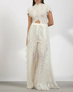Lace Openwork Front Slit Long Top and Wide-leg Pants Set
