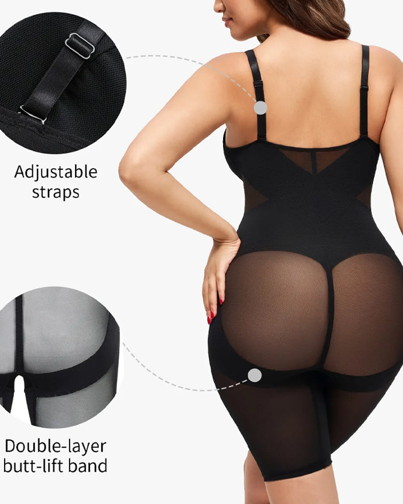 V-neck Mesh-paneled Seamless Tummy Control Hip Lift Bodysuit
