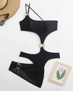 Sexy One-shoulder Solid Color One-piece Swimsuit and Cover-up Set