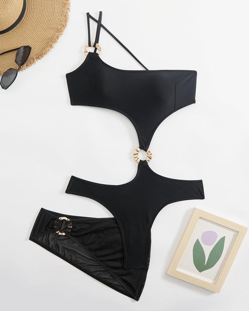 Sexy One-shoulder Solid Color One-piece Swimsuit and Cover-up Set