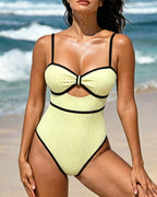 Ribbed Colorblock Piping Knotted Openwork One-piece Swimsuit