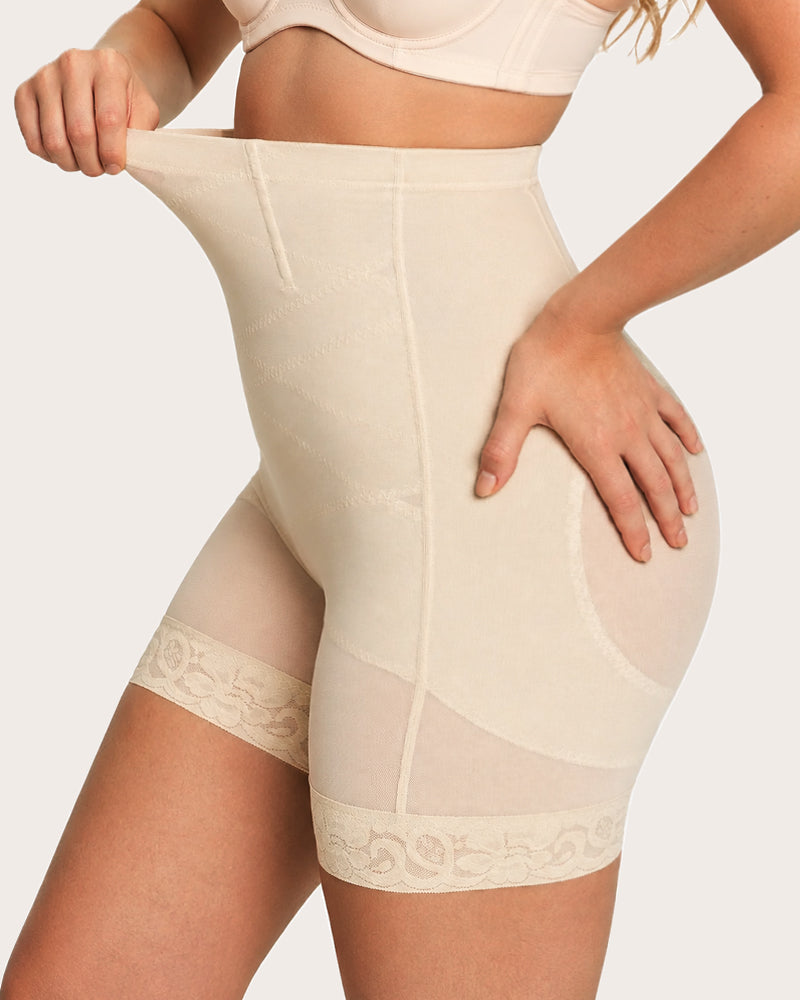High Waist Tummy Control Sheer Mesh LaceTrim Shaping Shorts