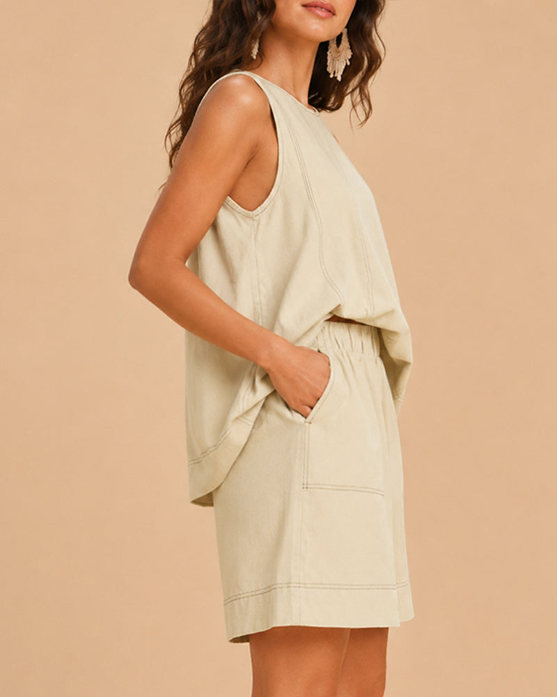 Casual Pure Cotton Sleeveless Vest and High Waist with Pocket Short Suit