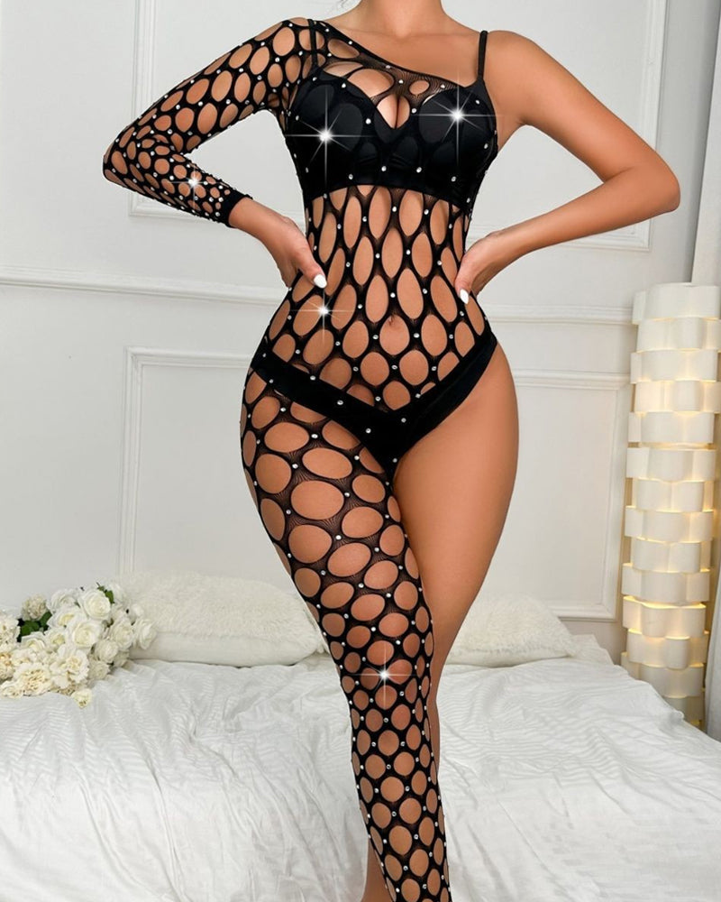 Sexy Sparkly Rhinestone Fishnet One-shoulder Cutout Bodysuit
