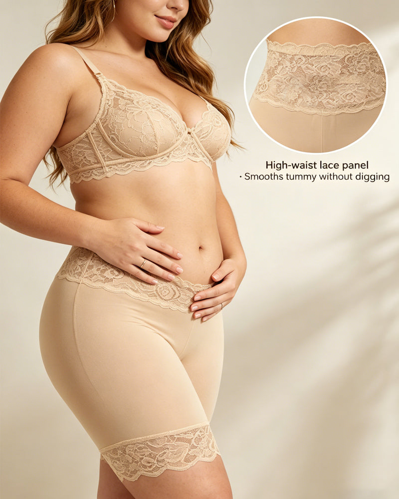 Women's High-Waisted Seamless Tummy Control Lace-Trimmed Elastic Shaping Shorts
