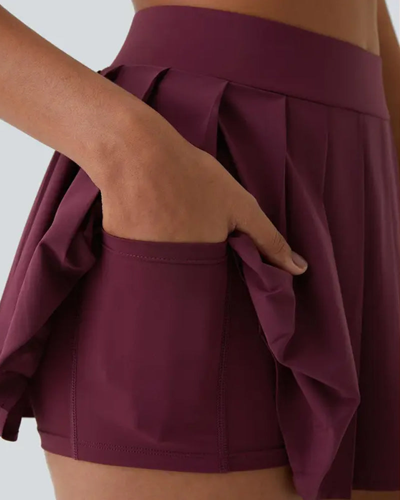 High-waisted Pleated Two-in-one Side Pocket Asymmetrical Hem Quick-drying Skirt