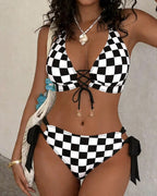 Halter Neck Colorblock Plaid Print Bikini Swimsuit Set