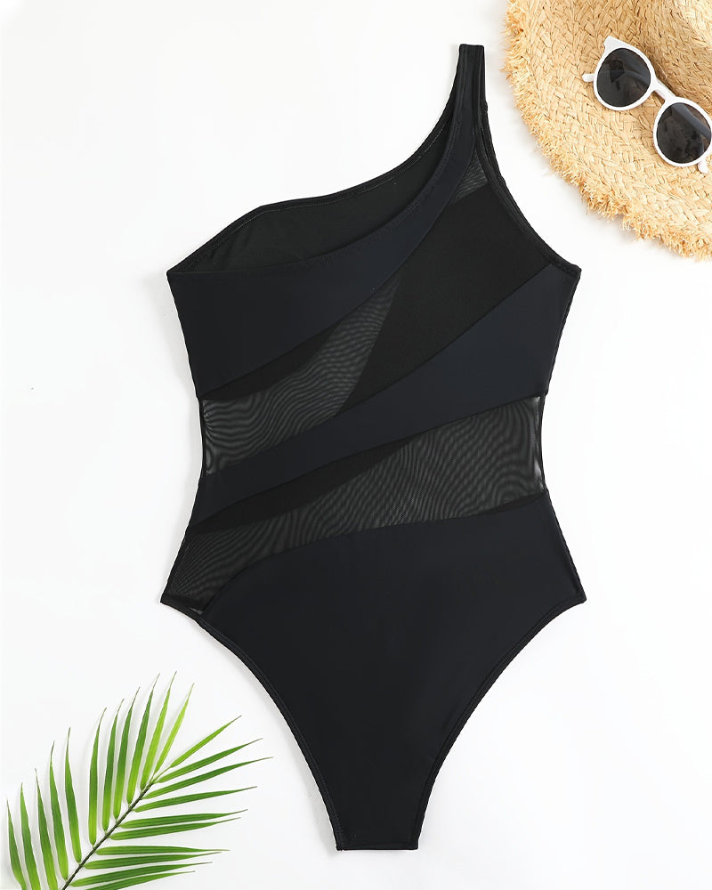 Sexy One-shoulder See-through Mesh One-piece Swimsuit