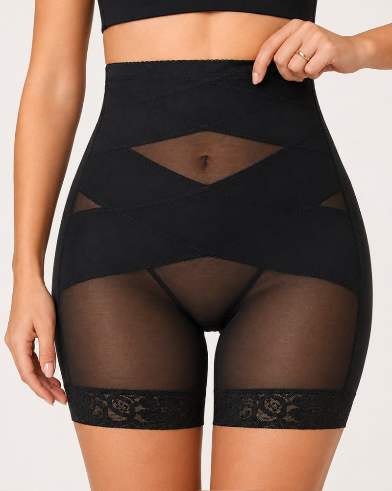 High Waist Tummy Control Sheer Mesh LaceTrim Shaping Shorts