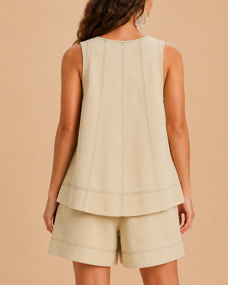 Casual Pure Cotton Sleeveless Vest and High Waist with Pocket Short Suit
