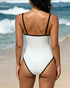 Ribbed Colorblock Piping Knotted Openwork One-piece Swimsuit