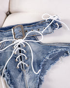Sexy High-waisted Cutout Frayed Skinny Denim Thong