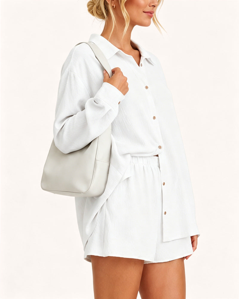 Casual Loose Long Sleeve Shirt and Shorts Set