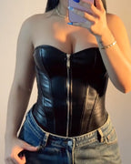Sexy Zippered Black Leather Steel Boned Back Drawstring Corset
