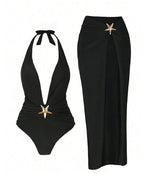 Sexy Deep V Halter Neck Swimsuit and High Slit Skirt Set