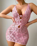 Pink Deep V Floral Lace Backless Camisole Lingerie Nightgown