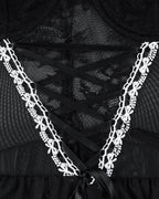 Sexy Lace Mesh See-Through Straps Cross Bow Mesh Ruffled Nightdress