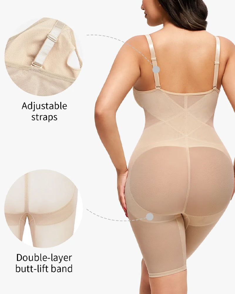 V-neck Mesh-paneled Seamless Tummy Control Hip Lift Bodysuit
