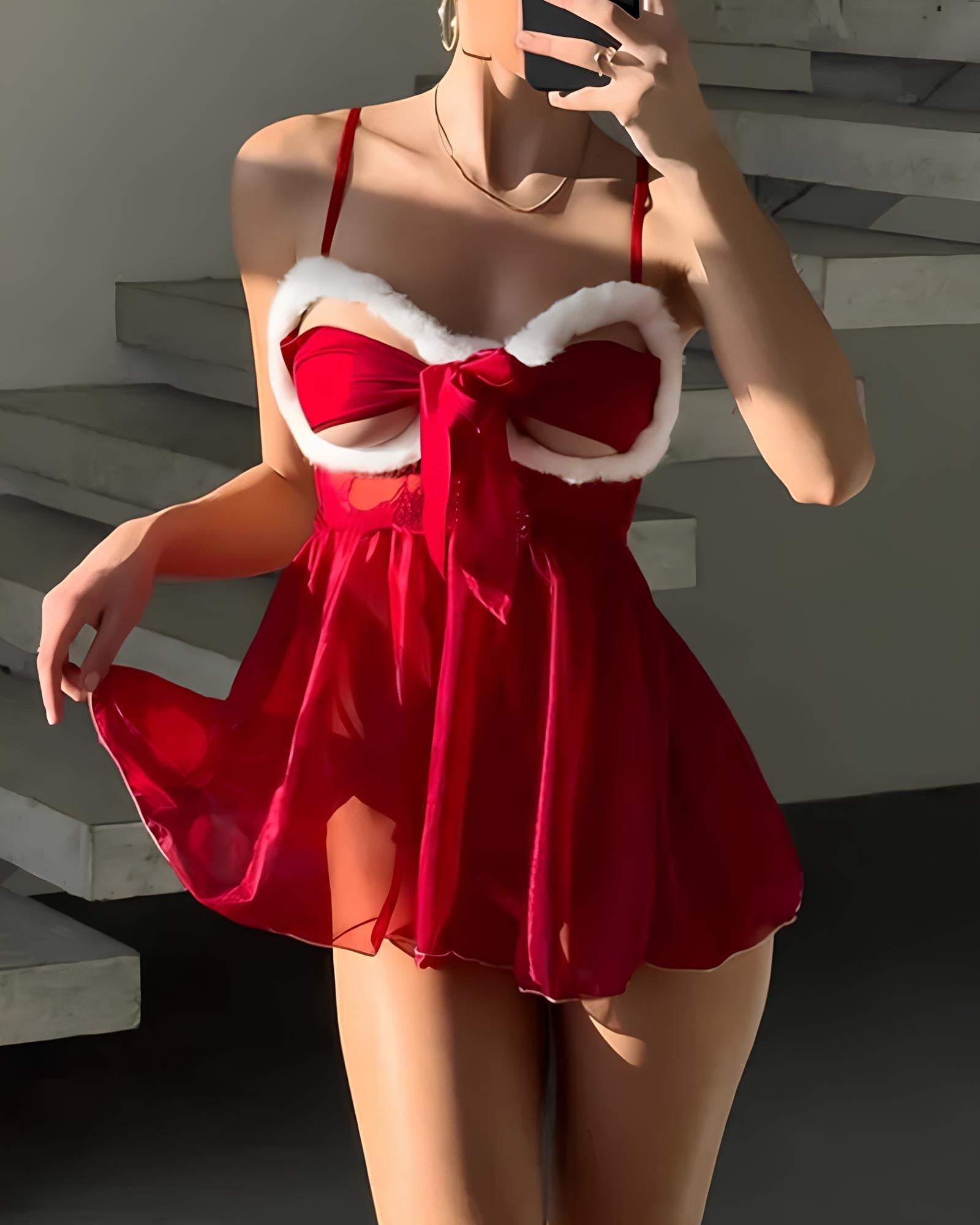 Christmas Sexy Bow Tie Mesh See-through Hollow Out Lingerie Nightgown Set