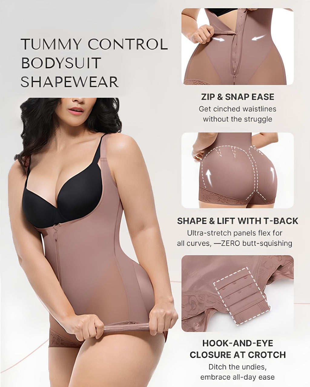Women's Tummy Control with Hook Zipper Closure Shaping Bodysuit