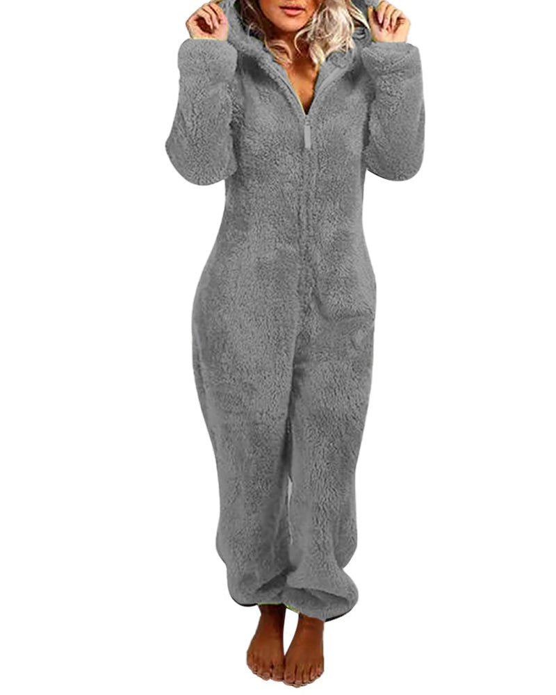 Teddy Bear Ear Zipper Hooded Plush Long-Sleeved Pants Onesie Pajamas