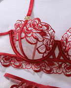 Floral Embroidery See-through Push-up Shaping Thin Sexy Lingerie Set with Stockings