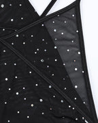 Sexy Rhinestone Feather Patchwork See-Through Elastic Mesh Slit Lingerie Nightgown