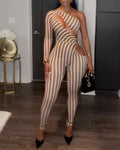 Sexy Striped Colorblock One-shoulder Cutout Long-sleeved Stretch Jumpsuit