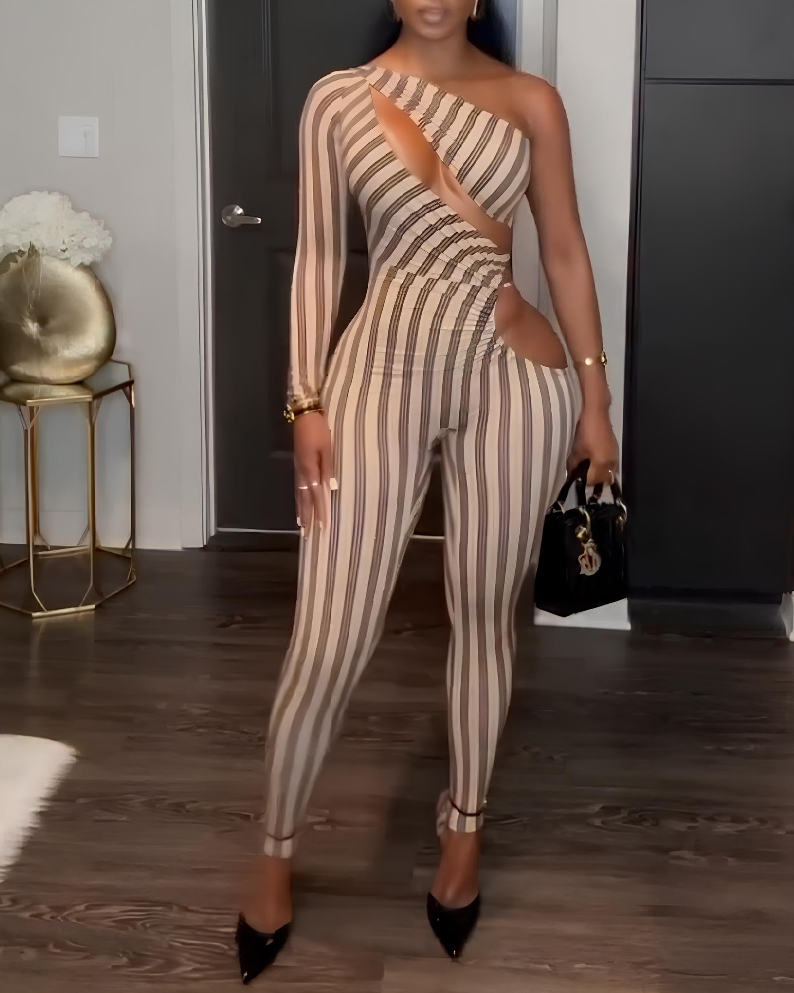 Sexy Striped Colorblock One-shoulder Cutout Long-sleeved Stretch Jumpsuit
