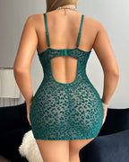 Sexy Deep V Flocked Leopard Print See-Through Mesh Bodycon Nightgown