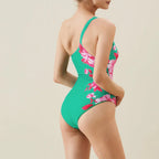 One Shoulder Floral Print One Piece Swimsuit and Sarong