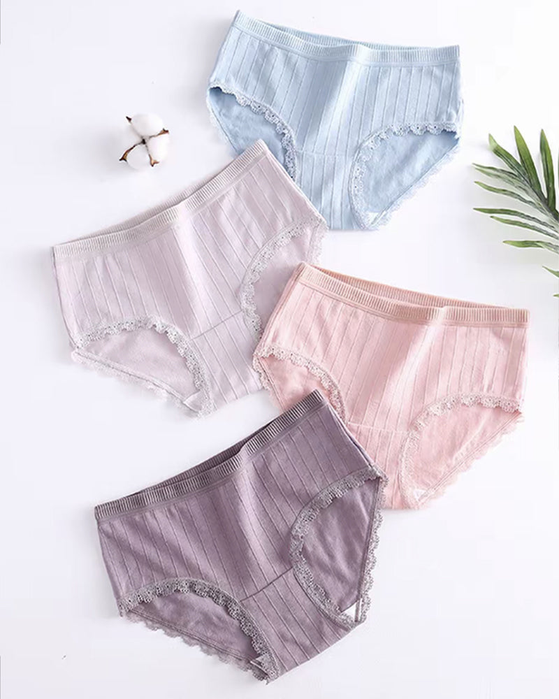 Multi-Pack Women's Mid-Waist Lace Striped Heart Antibacterial Cotton Panties